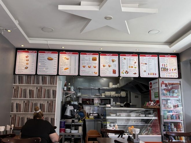 The counter and open kitchen at Wharf Cafe