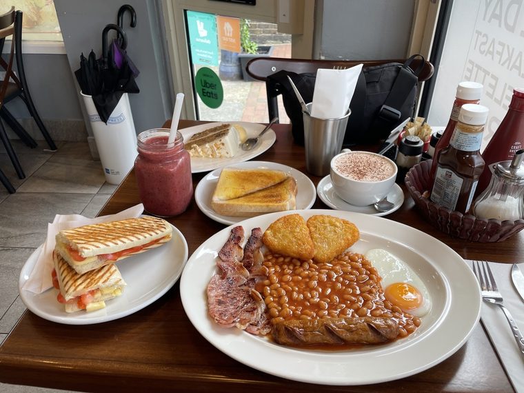 A full English breakfast with beans, bacon, egg and hash brown