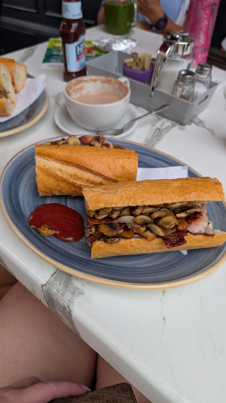 A toasted baguette sandwich cut in half on a blue-rimmed plate, cropped tight to the plate